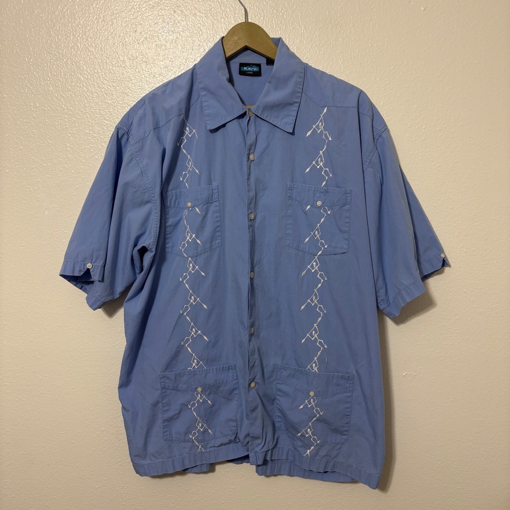 KAVU Men's Large Light Blue White Embroidered Short Sleeve Button Up Shirt